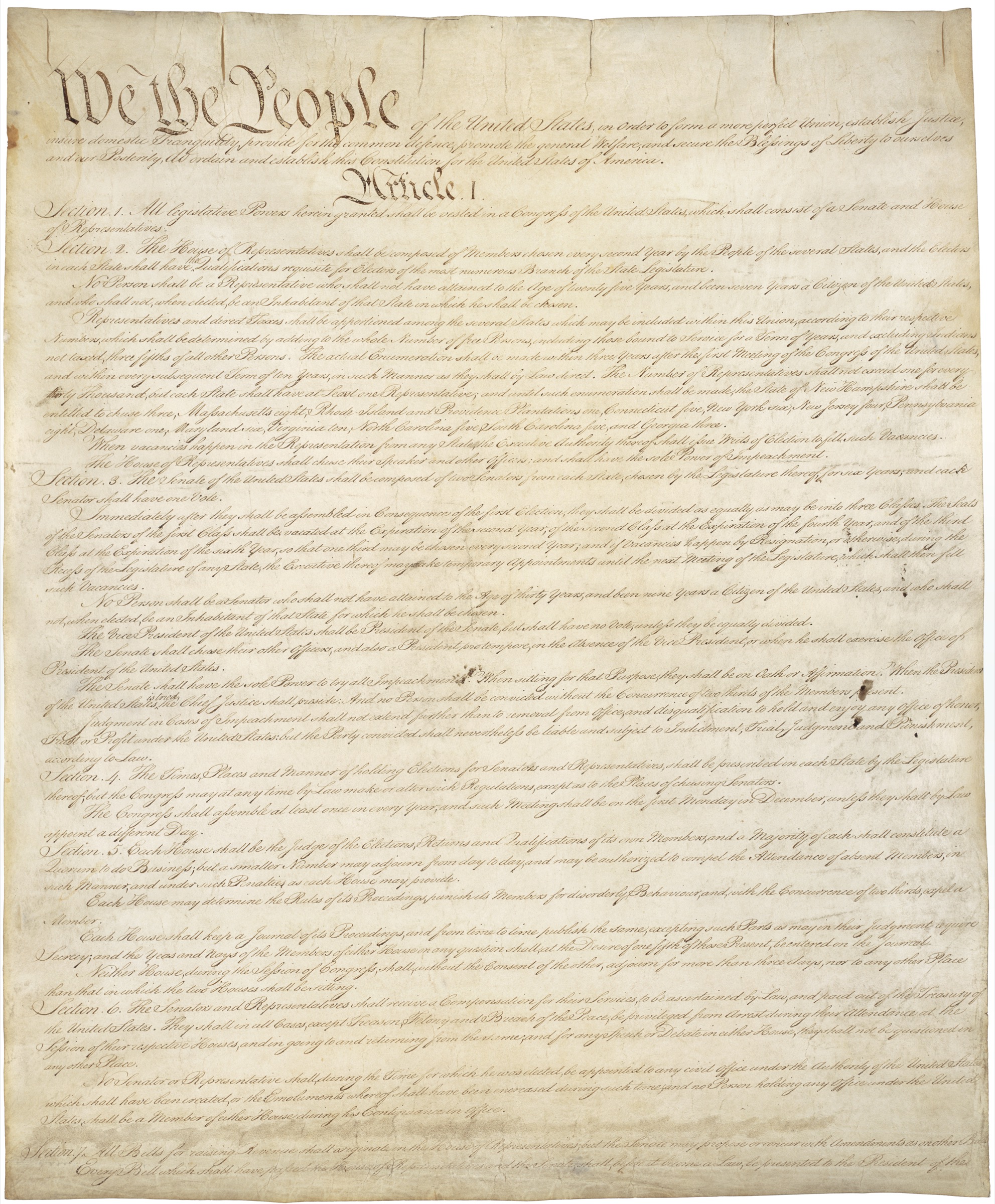 United States Constitution, Page 1 — original parchment, National Archives