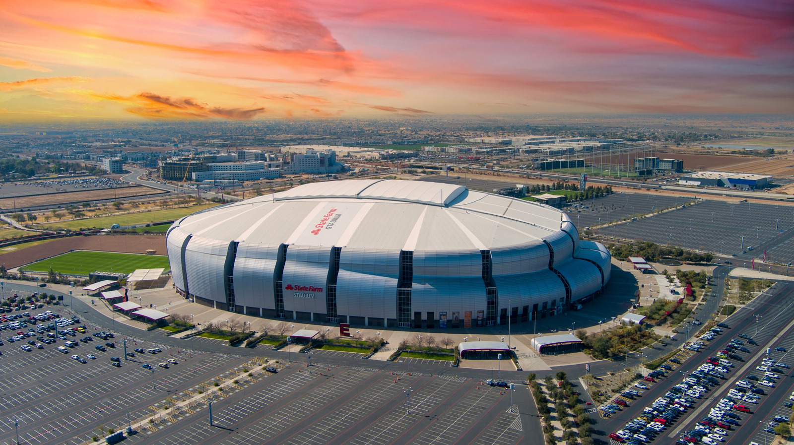 State Farm Stadium aerial at sunset, Glendale Arizona