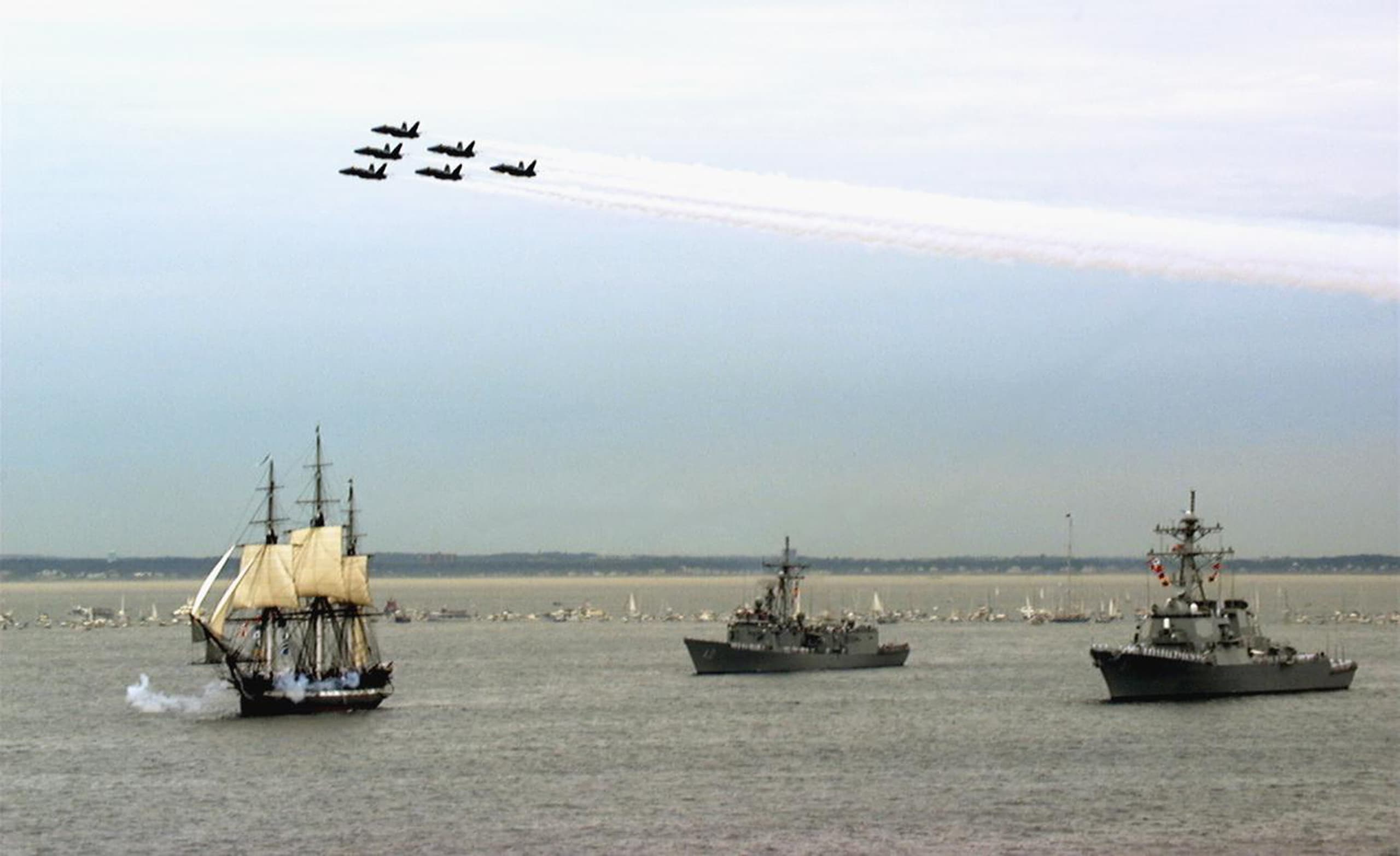 The flight demonstration squadron over 'Old Ironsides'.