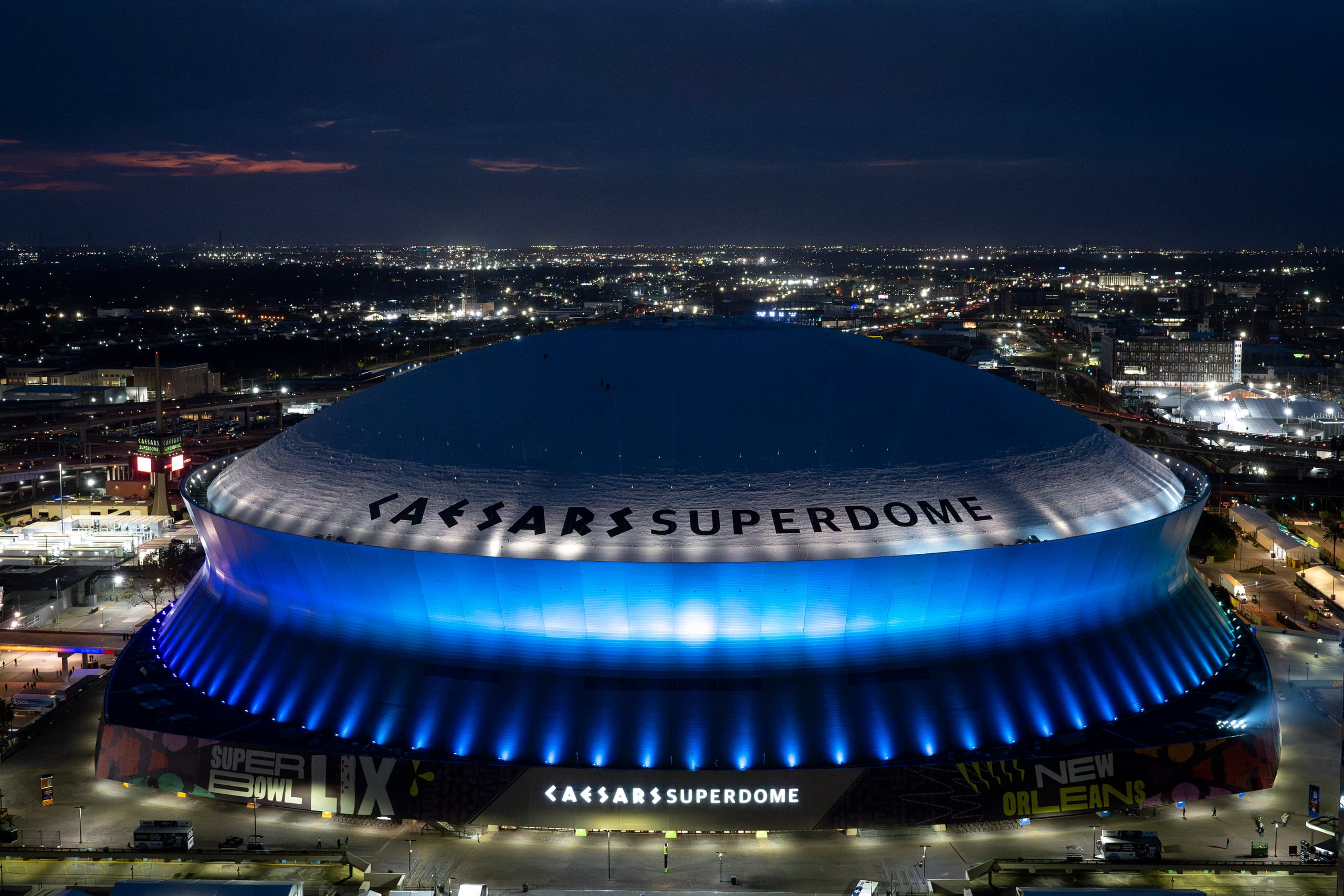 A gallery image from Sports: Caesars Superdome Aerial Night Prior To Super Bowl LIX