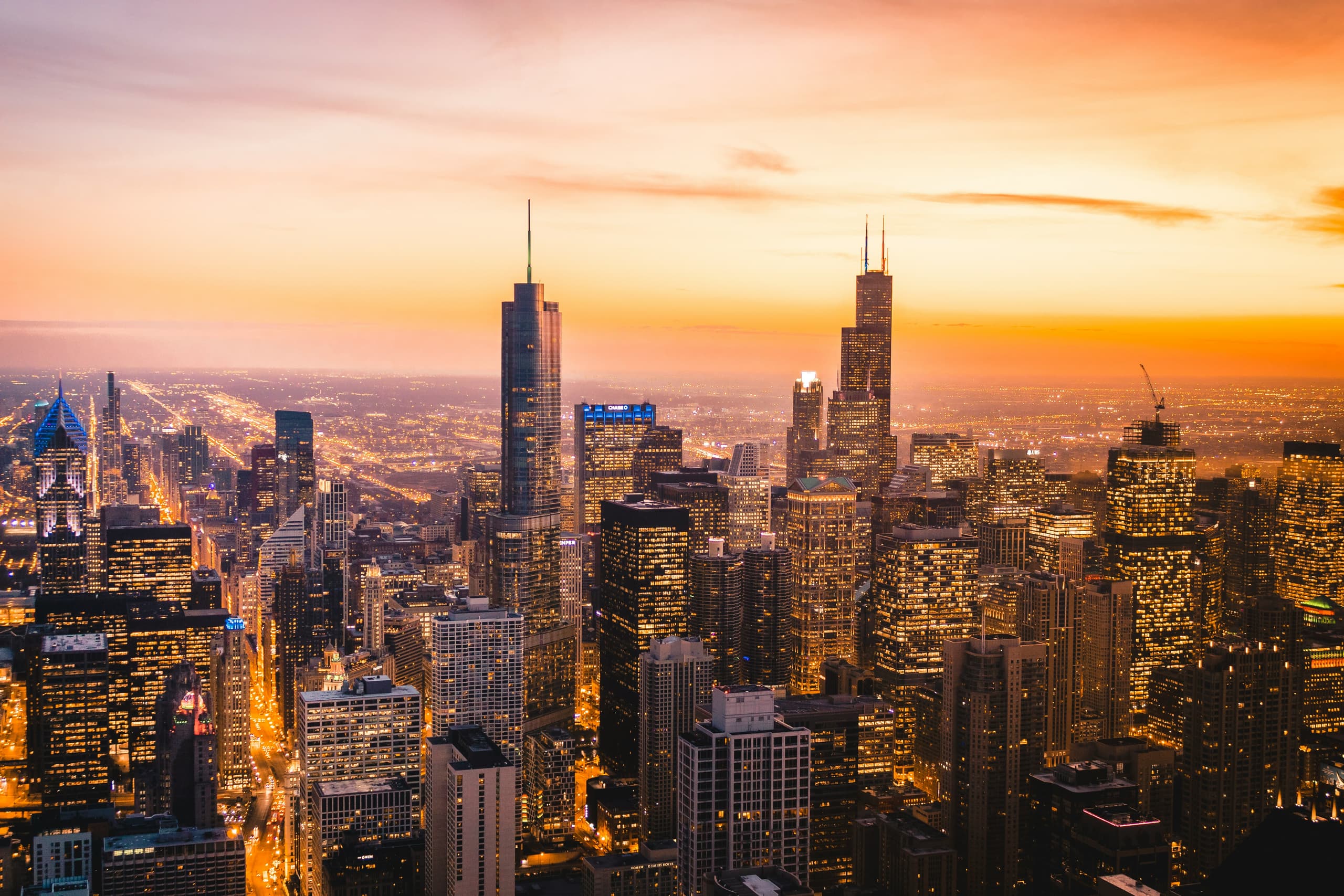 Chicago skyline and street grid at sunset