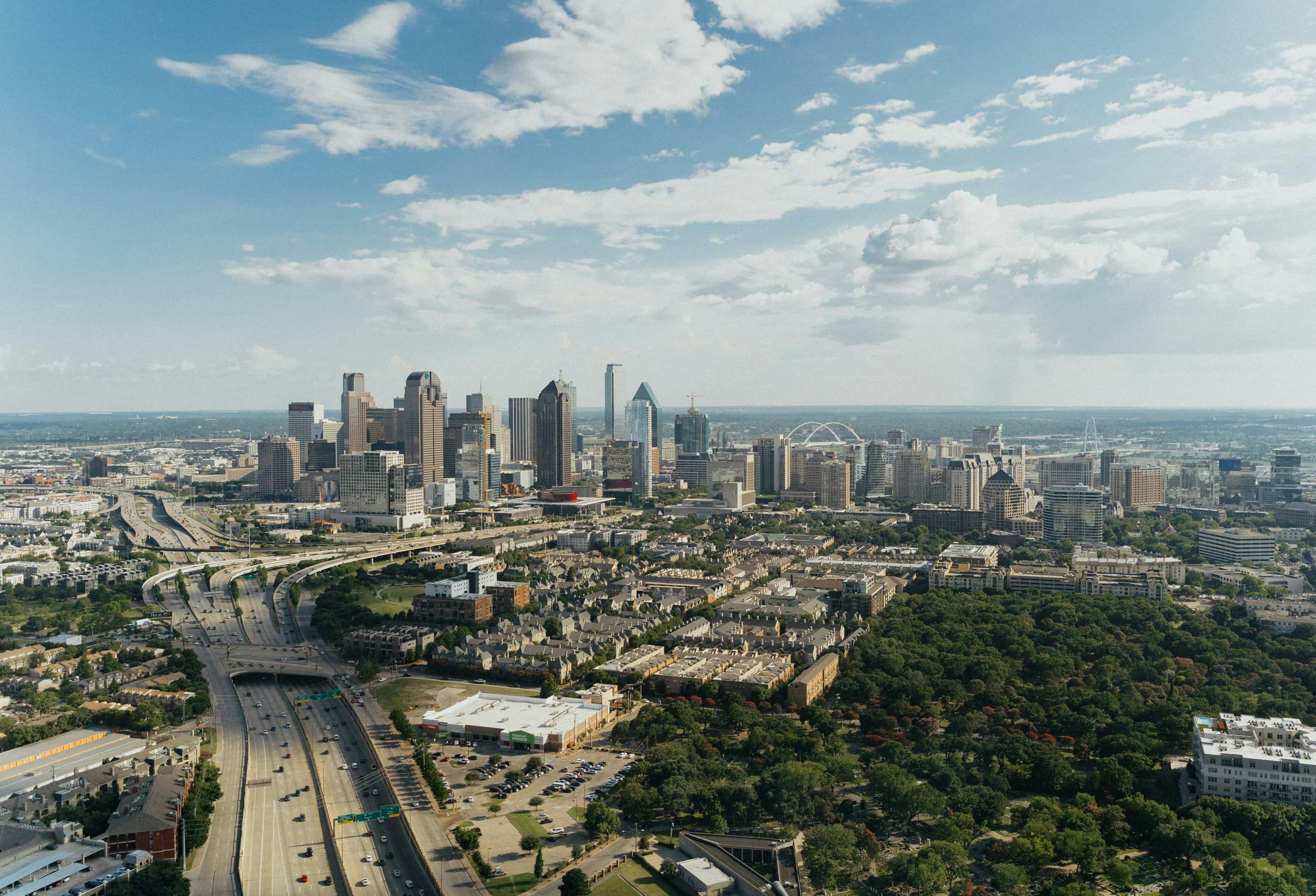 Dallas skyline and interstate infrastructure leading into downtown