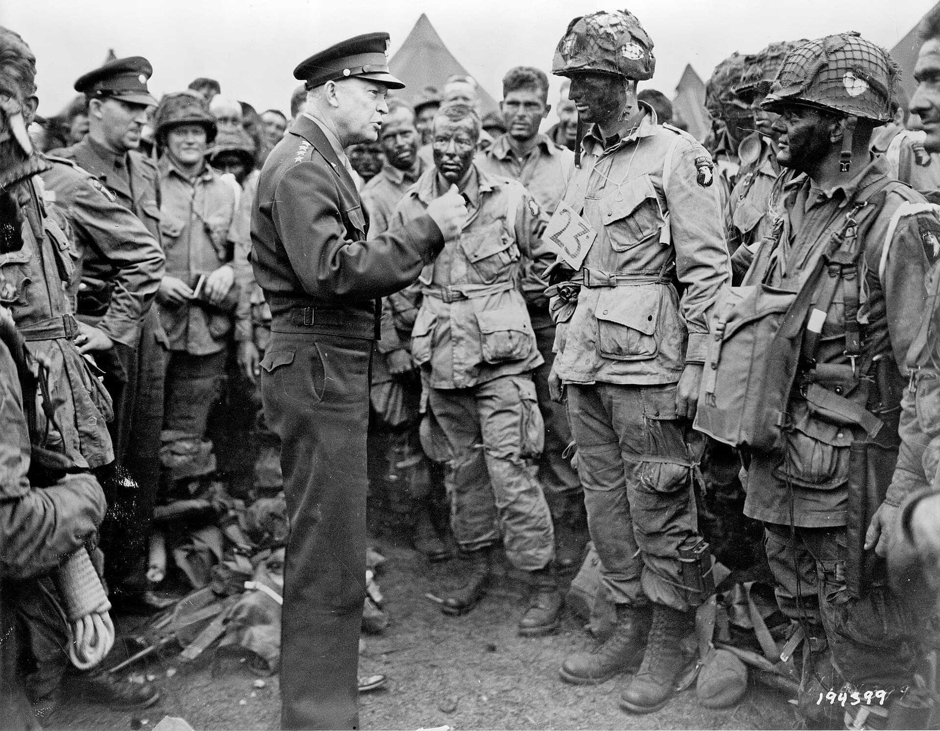 General Eisenhower speaking with paratroopers of the 101st Airborne on the eve of D-Day