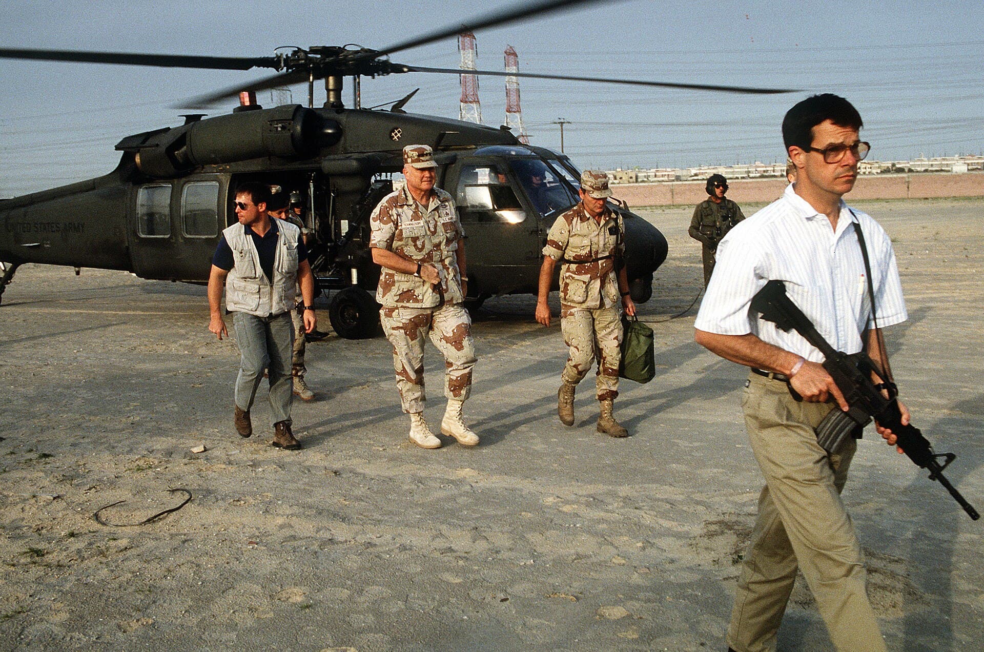 General Norman Schwarzkopf arriving by helicopter in the Gulf during Operation Desert Storm
