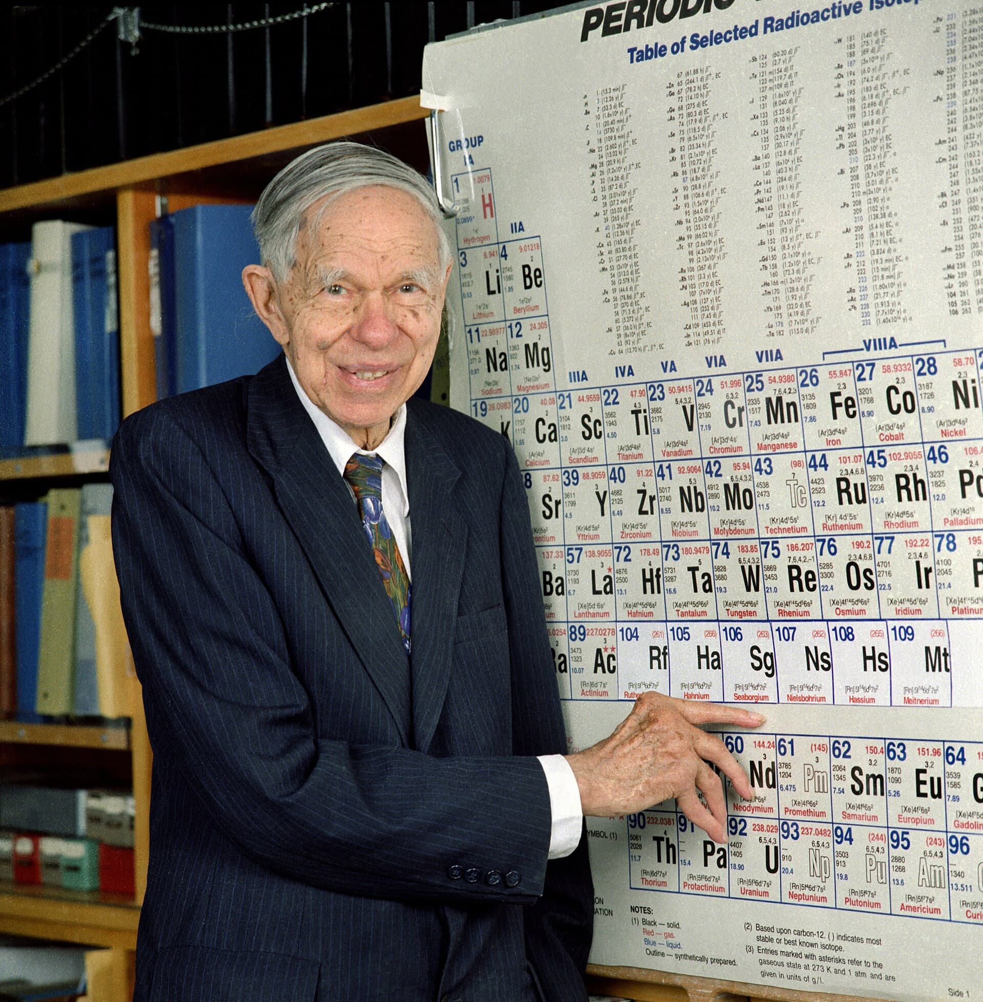 Glenn Seaborg standing beside a periodic table, pointing to the heavy elements