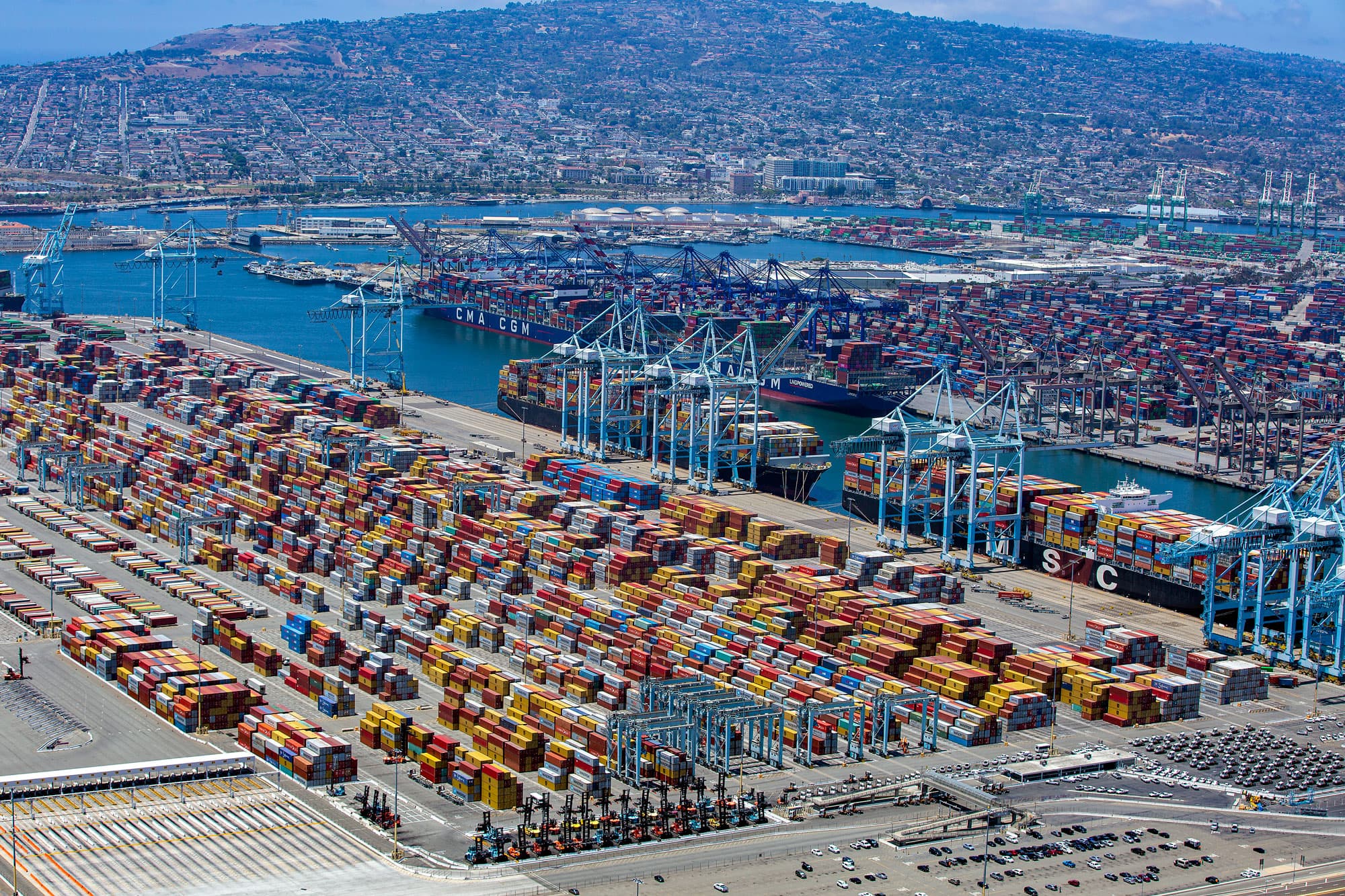 Container ship docked at commercial port