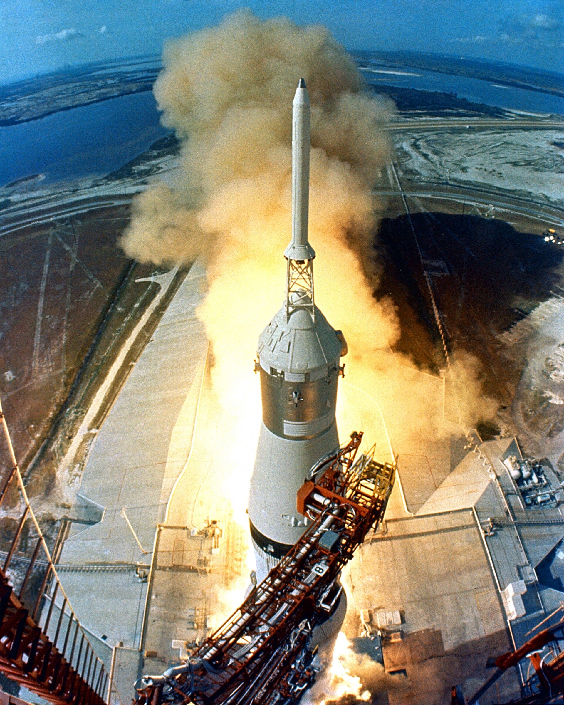 The Saturn V rocket lifting off from Launch Complex 39A carrying Apollo 11