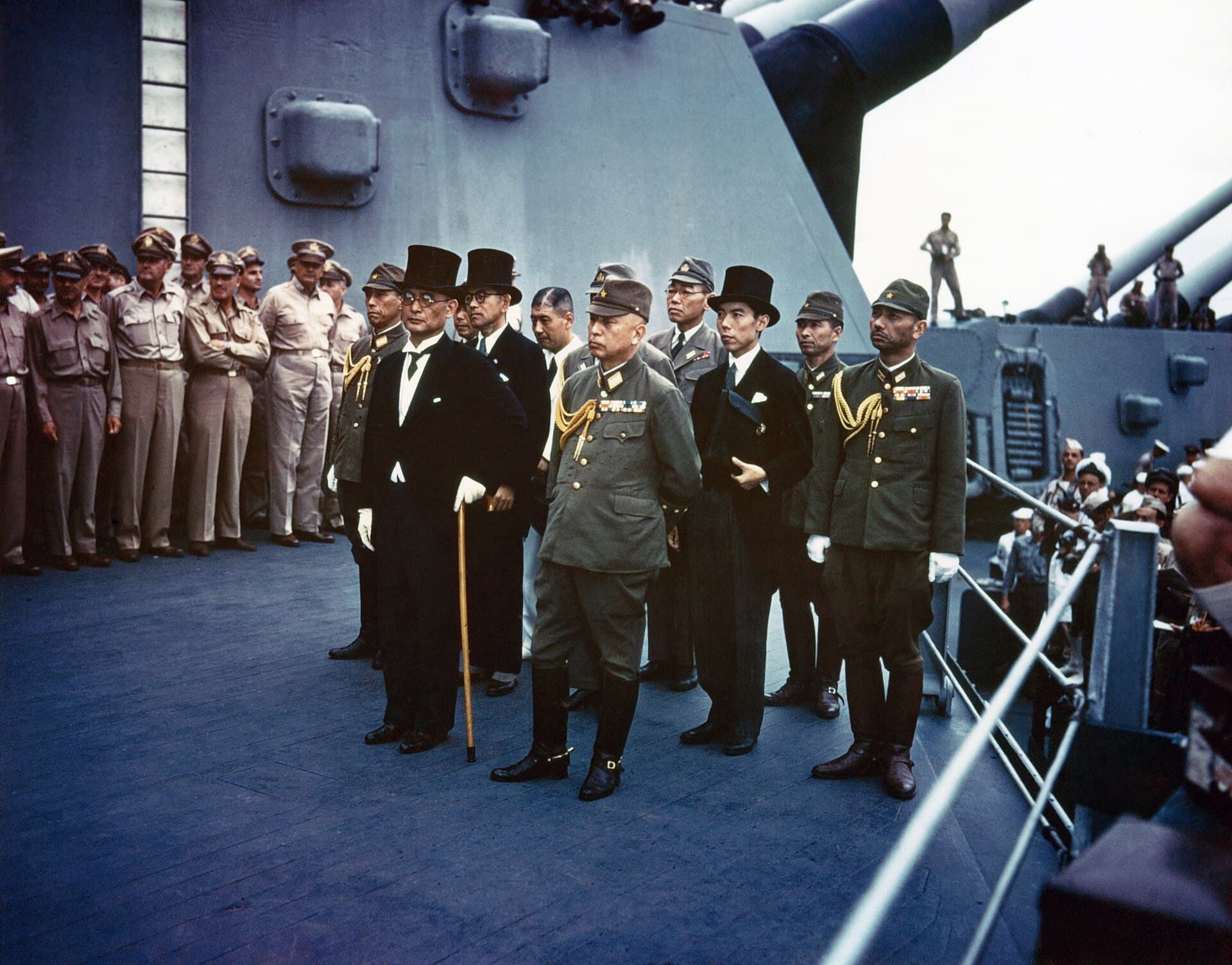 Japanese delegation aboard the USS Missouri for the formal surrender ending World War II