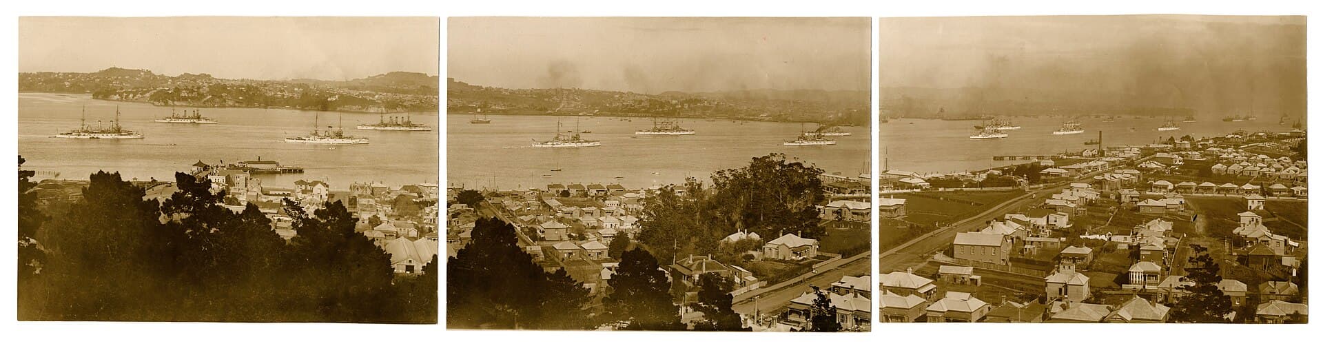 U.S. Navy battleships of the Great White Fleet anchored in harbor during their global cruise
