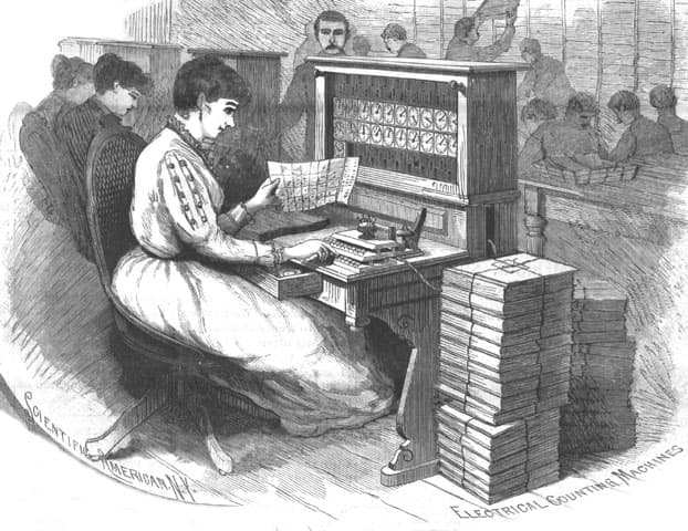 Period engraving of an operator using Hollerith electrical counting machines for the 1890 census