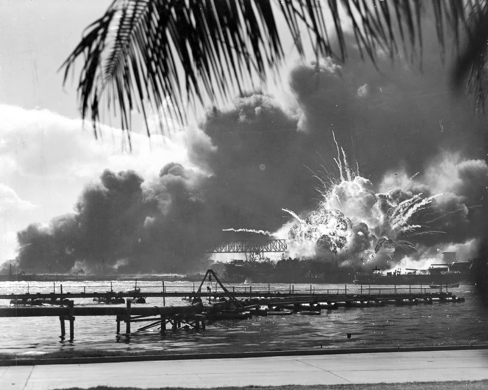 The destroyer USS Shaw's forward magazine erupting during the attack on Pearl Harbor