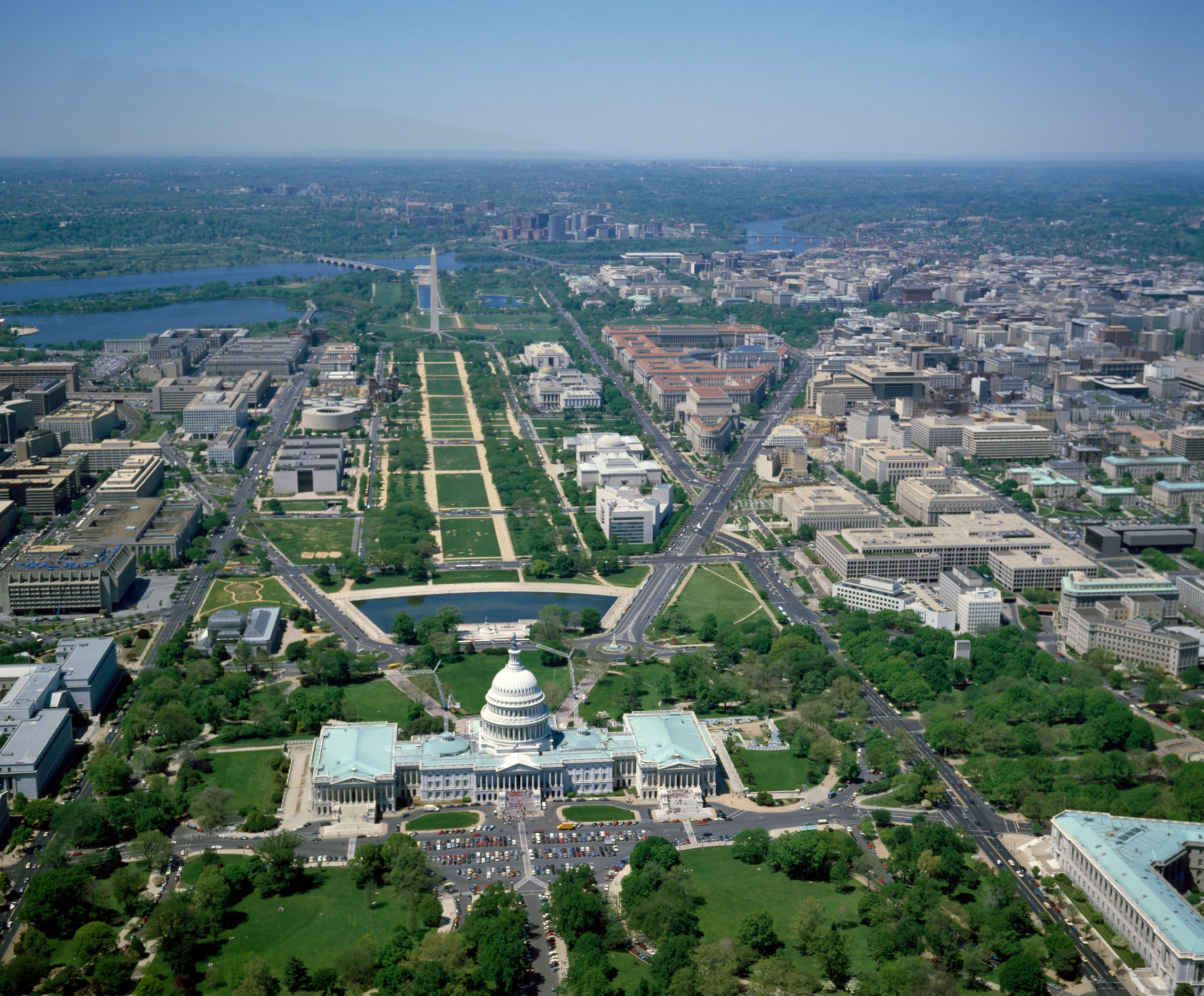 Aerial view west along the National Mall from the U.S. Capitol, Washington, D.C.