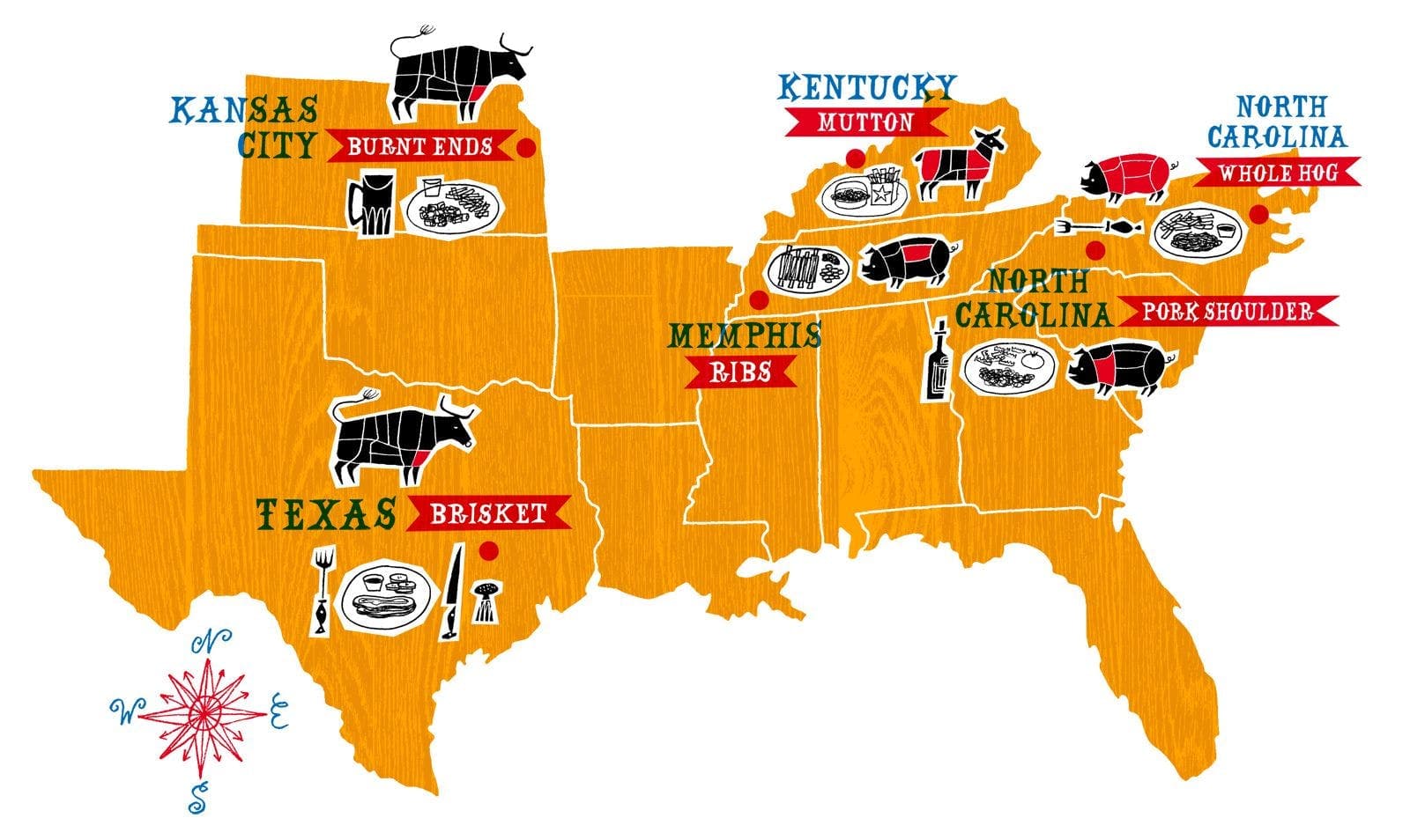 Illustrated Regional US Barbecue Map