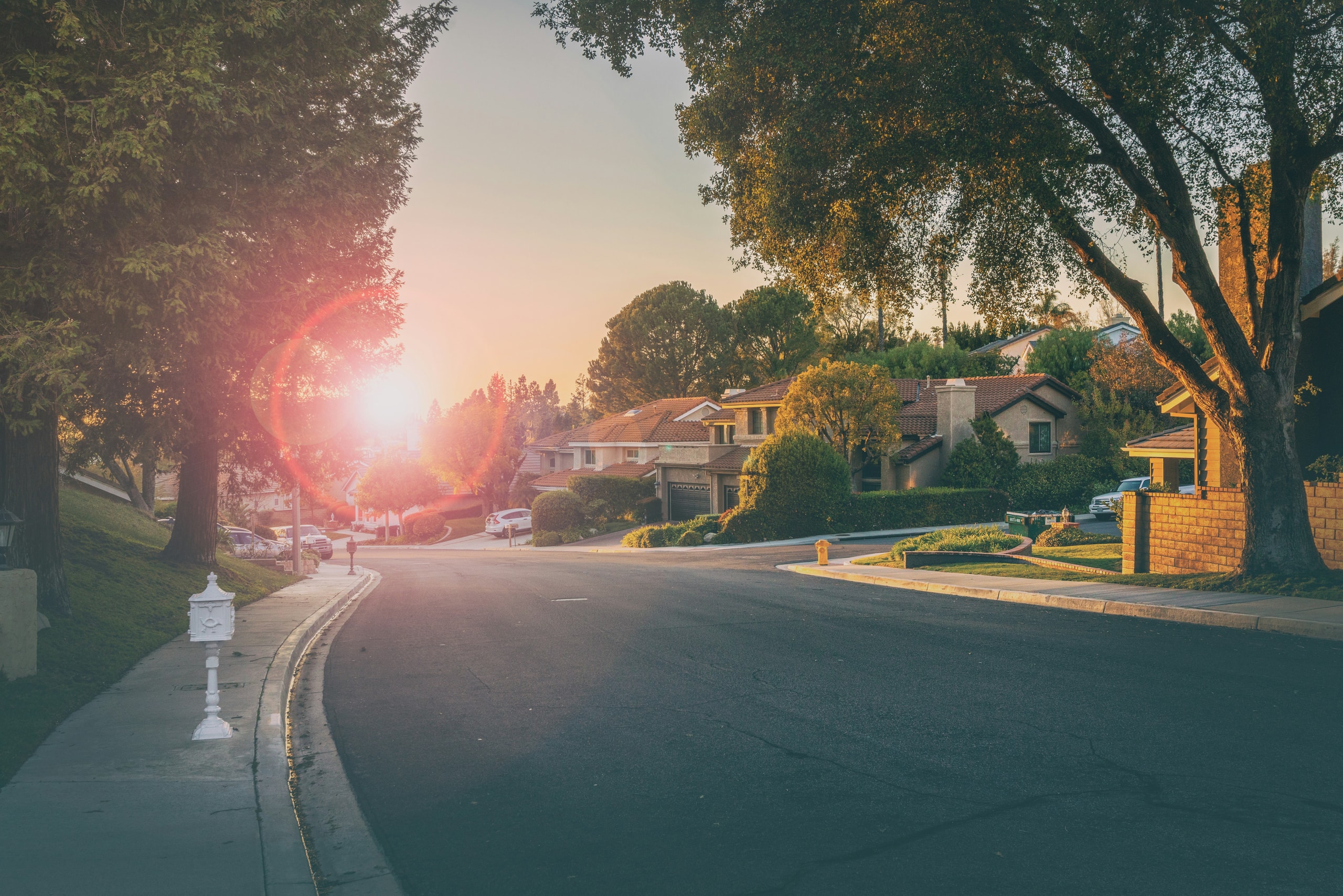 American suburb at sunset